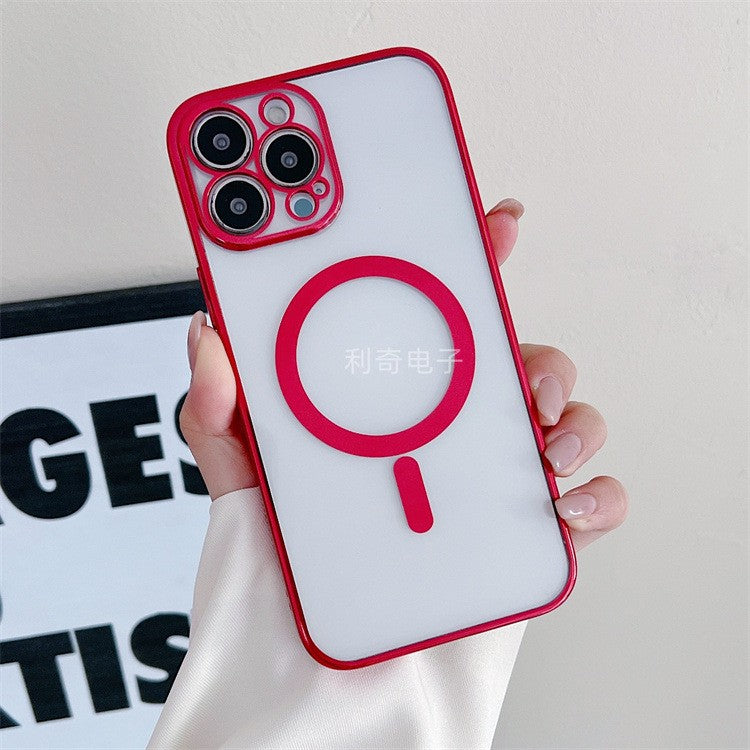 Husa MagSafe pentru Apple iPhone 13, Protectie camera, Full TPU, Margini colorate Electroplating, Magnetica, Incarcare Wireless, Flippy, Rosu-2