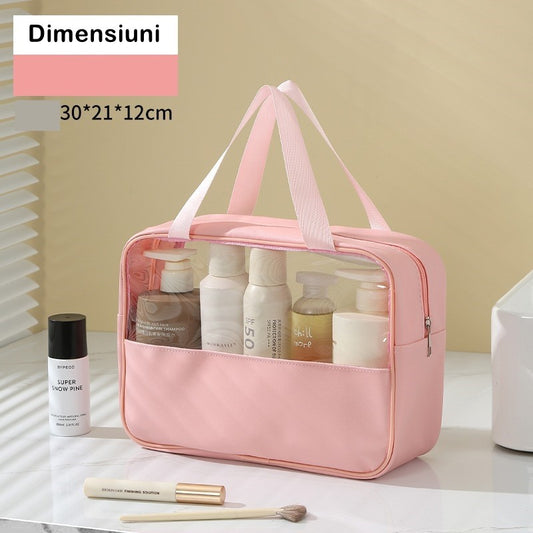 Geanta cosmetice Flippy, pentru voiaj sau organizare, material PVC/textil, impermeabila, portabila, 30 x 21 x 12 cm, roz-1