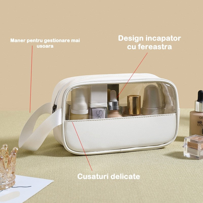 Geanta cosmetice Flippy, pentru voiaj sau organizare, material PVC/textil, impermeabila, portabila, 22 x 12 x 8 cm, alb-5