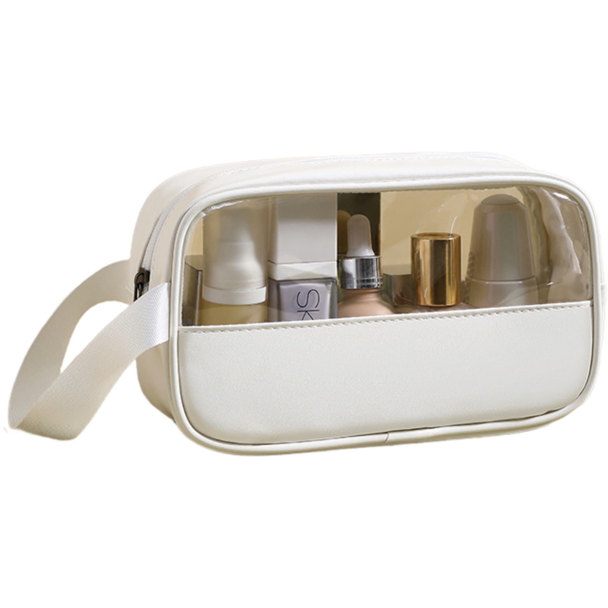 Geanta cosmetice Flippy, pentru voiaj sau organizare, material PVC/textil, impermeabila, portabila, 22 x 12 x 8 cm, alb-0