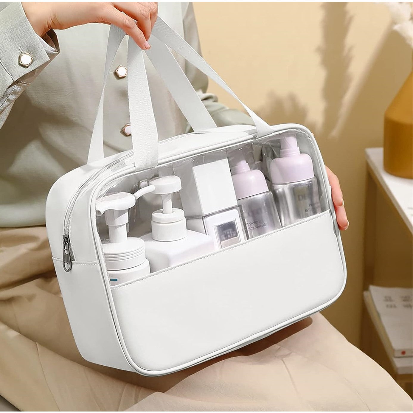 Geanta cosmetice Flippy, pentru voiaj sau organizare, material PVC/textil, impermeabila, portabila, 26 x 15 x 10 cm, alb-1