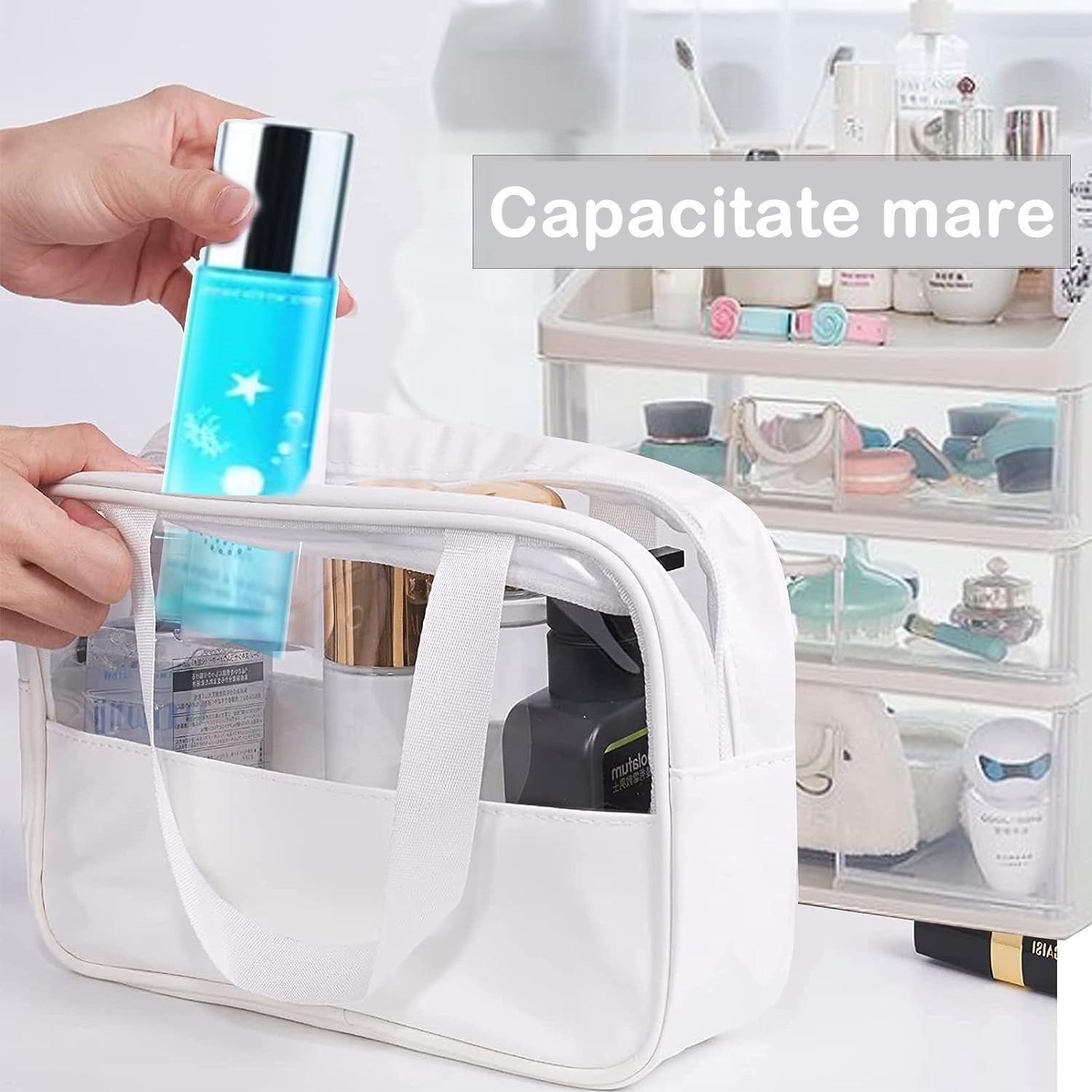 Geanta cosmetice Flippy, pentru voiaj sau organizare, material PVC/textil, impermeabila, portabila, 26 x 15 x 10 cm, alb-6