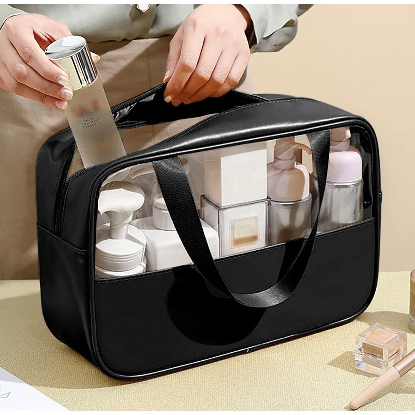 Geanta cosmetice Flippy, pentru voiaj sau organizare, material PVC/textil, impermeabila, portabila, 26 x 15 x 10 cm, negru-0