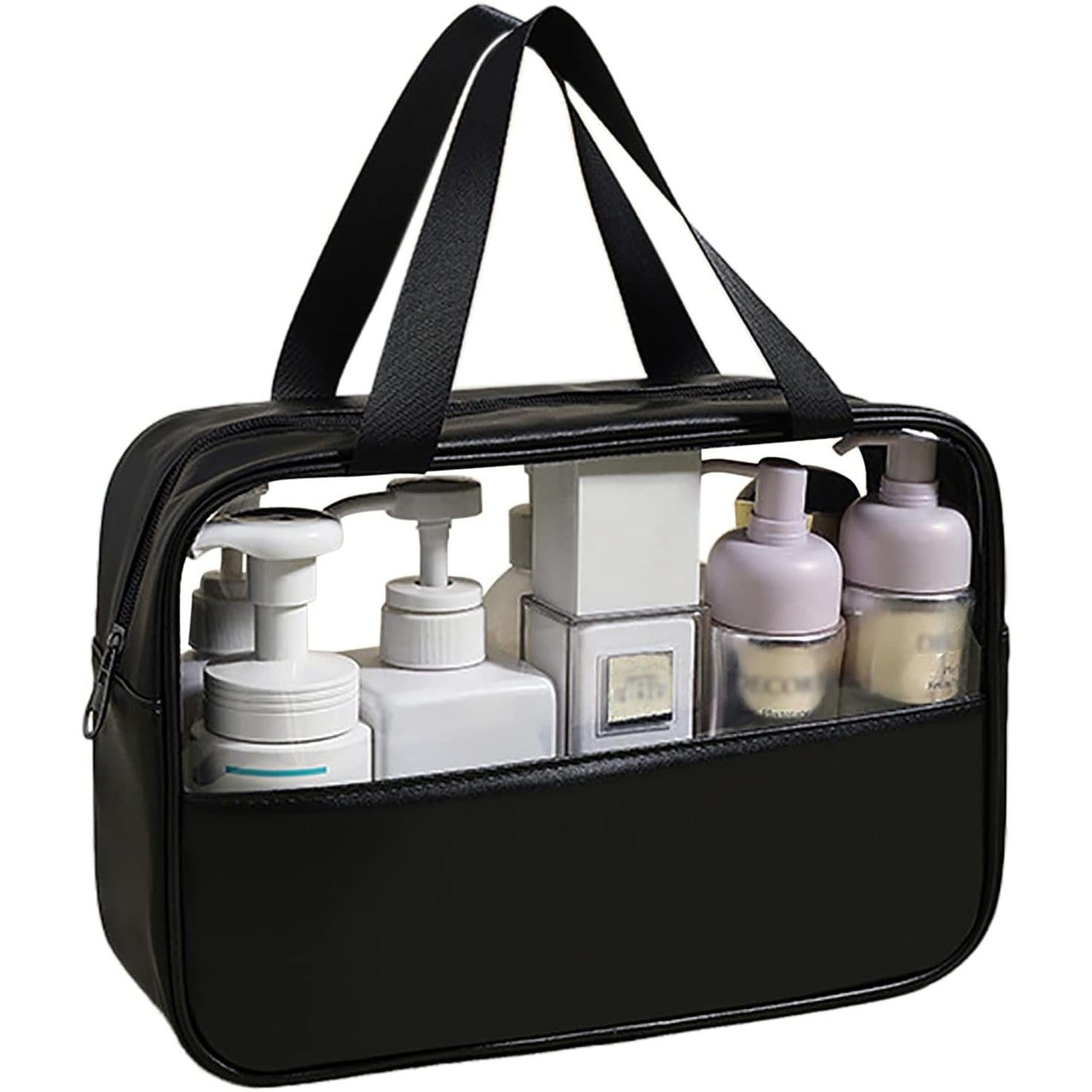 Geanta cosmetice Flippy, pentru voiaj sau organizare, material PVC/textil, impermeabila, portabila, 30X21X12 cm, negru-0