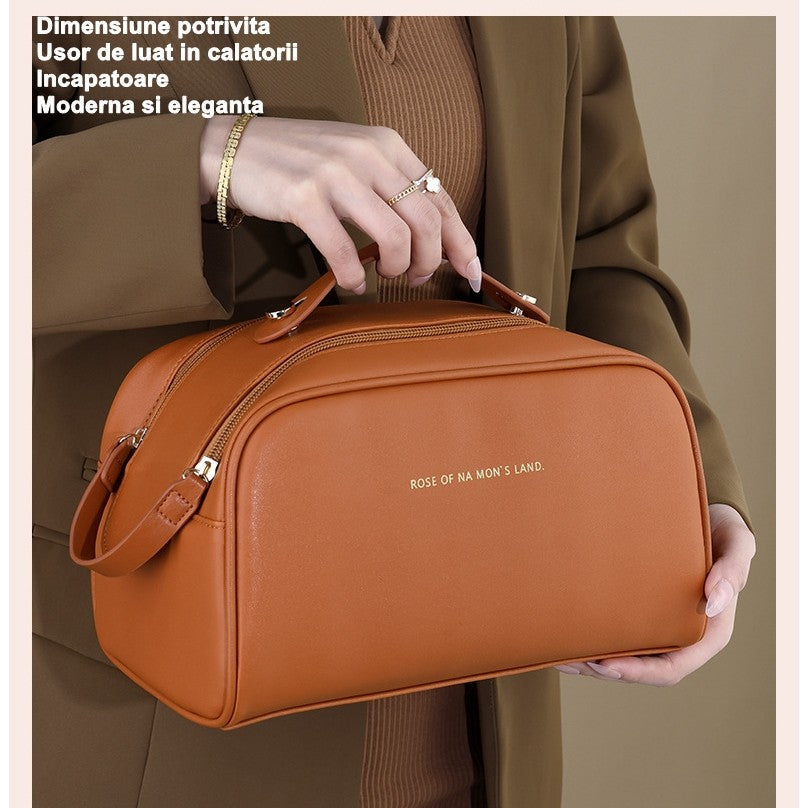 Geanta cosmetice pentru femei Flippy, material poliuretan, 25 x 14.5 x 14.5 cm, Impermeabila, Maro-4