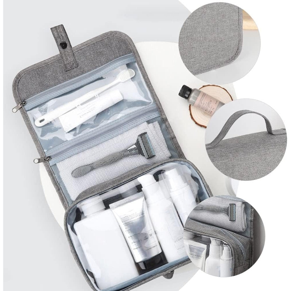 Geanta cosmetice voiaj, Flippy, material panza, impermeabil, 3 compartimente, cu agatatoare, Gri, 47 x 28 x 20 cm-7