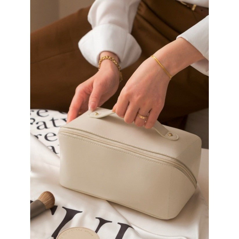 Geanta de Calatorie Flippy, Pentru Cosmetice, Portabila, Impermeabila, din Piele Ecologica, Compartimente Multiple, cu Fermoar, 23 x 11.5 x 10.5 cm, Crem-4