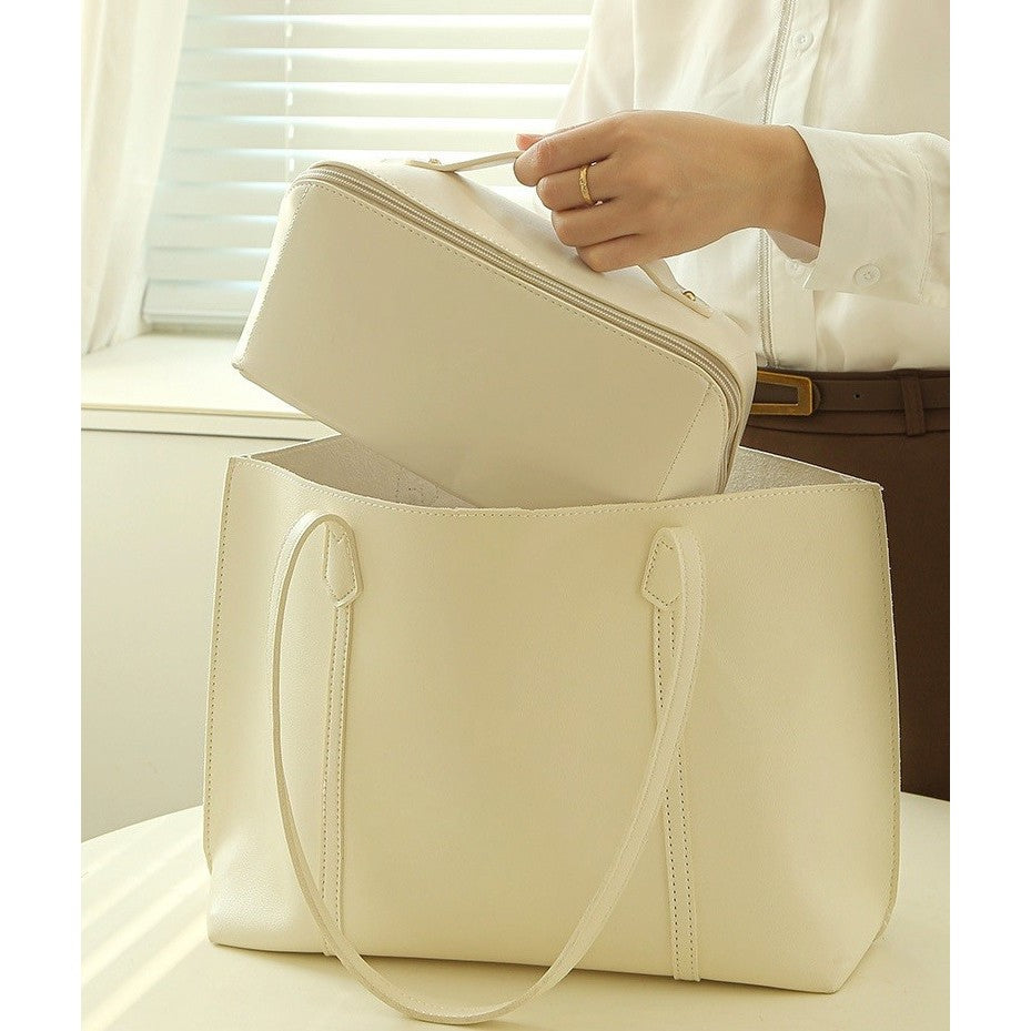 Geanta de Calatorie Flippy, Pentru Cosmetice, Portabila, Impermeabila, din Piele Ecologica, Compartimente Multiple, cu Fermoar, 23 x 11.5 x 10.5 cm, Crem-6