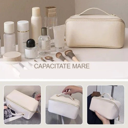 Geanta de Calatorie Flippy, Pentru Cosmetice, Portabila, Impermeabila, din Piele Ecologica, Compartimente Multiple, cu Fermoar, 23 x 11.5 x 10.5 cm, Crem-8