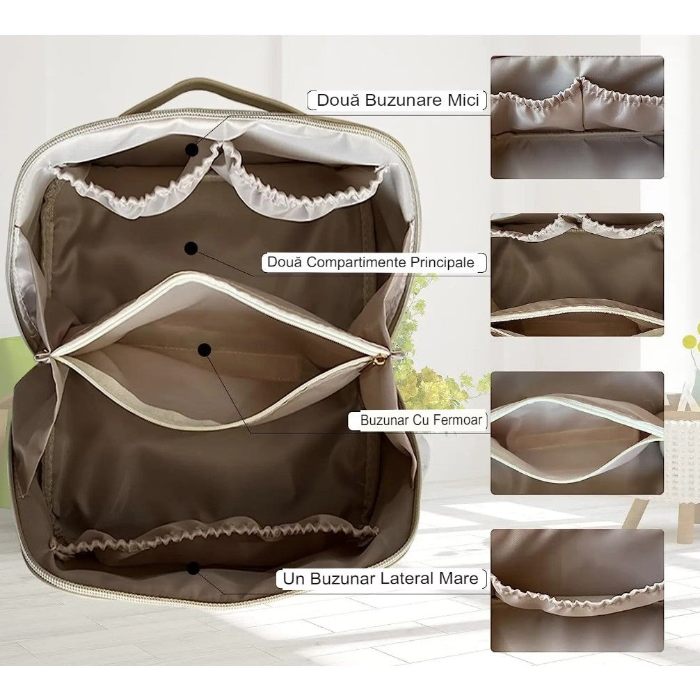 Geanta de Calatorie Flippy, Pentru Cosmetice, Portabila, Impermeabila, din Piele Ecologica, Compartimente Multiple, cu Fermoar, 23 x 11.5 x 10.5 cm, Crem-9