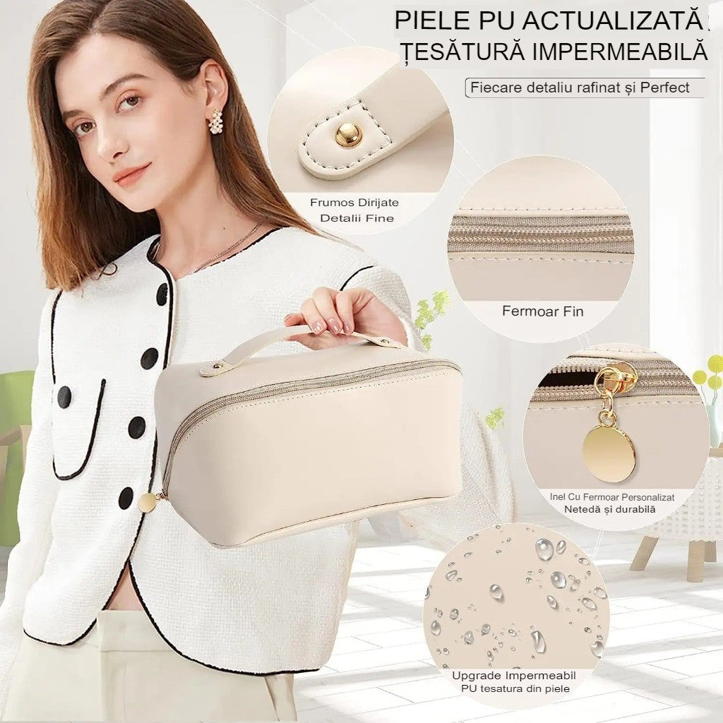 Geanta de Calatorie Flippy, Pentru Cosmetice, Portabila, Impermeabila, din Piele Ecologica, Compartimente Multiple, cu Fermoar, 23 x 11.5 x 10.5 cm, Crem-10