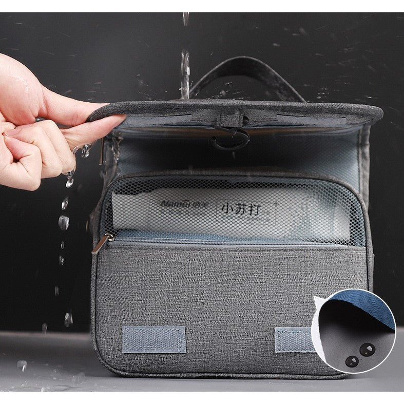 Geanta cosmetice voiaj, Flippy, material panza, impermeabil, 3 compartimente, cu agatatoare, Gri, 47 x 28 x 20 cm-3