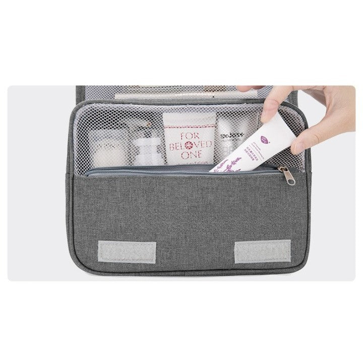 Geanta cosmetice voiaj, Flippy, material panza, impermeabil, 3 compartimente, cu agatatoare, Gri, 47 x 28 x 20 cm-4