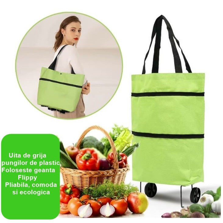 Geanta Pliabila, Flippy, 2 in 1, Carucior cu Roti, pentru Cumparaturi, 19 l, Verde, Plastic, 39 x 46 x 12 cm-1