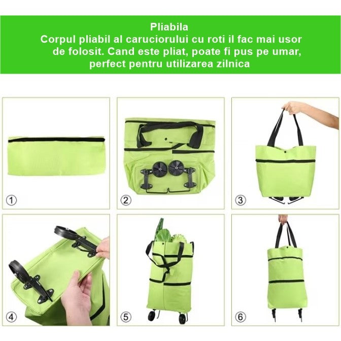 Geanta Pliabila, Flippy, 2 in 1, Carucior cu Roti, pentru Cumparaturi, 19 l, Verde, Plastic, 39 x 46 x 12 cm-2