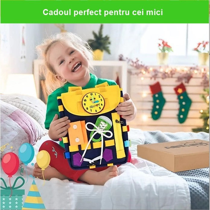 Ghiozdan Montessori, Flippy, pentru Copii 2-6 ani, Fidget Pop, cu Catarame si Fermoare, Jucarii Senzoriale, Activitate de Invatare prin Joc, Albastru Marin, 0.25 kg, 28x10x23 cm-1