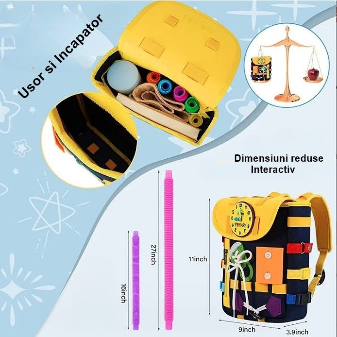 Ghiozdan Montessori, Flippy, pentru Copii 2-6 ani, Fidget Pop, cu Catarame si Fermoare, Jucarii Senzoriale, Activitate de Invatare prin Joc, Albastru Marin, 0.25 kg, 28x10x23 cm-2