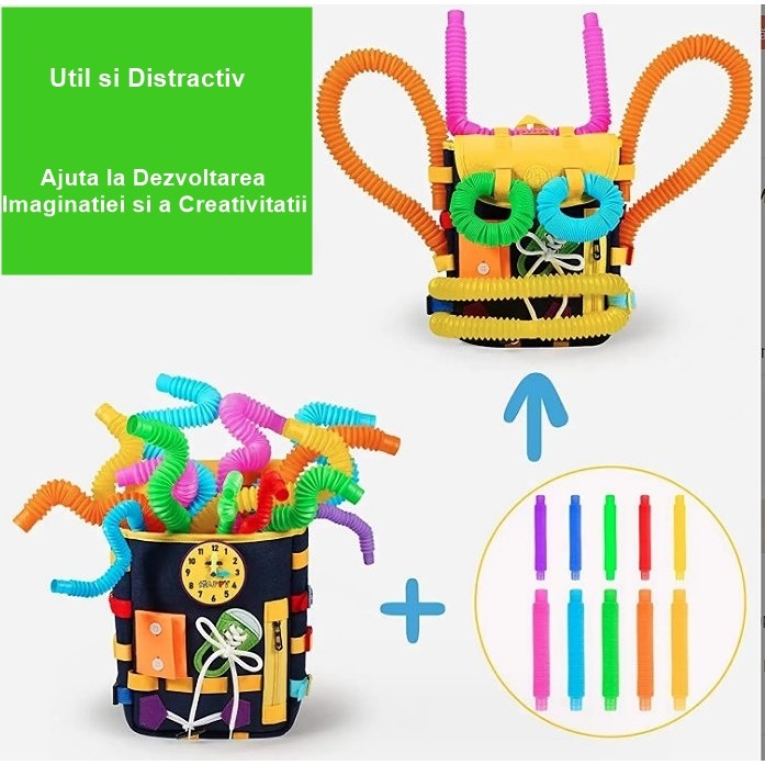 Ghiozdan Montessori, Flippy, pentru Copii 2-6 ani, Fidget Pop, cu Catarame si Fermoare, Jucarii Senzoriale, Activitate de Invatare prin Joc, Albastru Marin, 0.25 kg, 28x10x23 cm-3