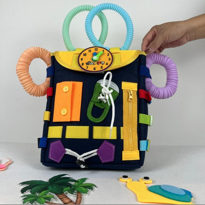 Ghiozdan Montessori, Flippy, pentru Copii 2-6 ani, Fidget Pop, cu Catarame si Fermoare, Jucarii Senzoriale, Activitate de Invatare prin Joc, Albastru Marin, 0.25 kg, 28x10x23 cm-4