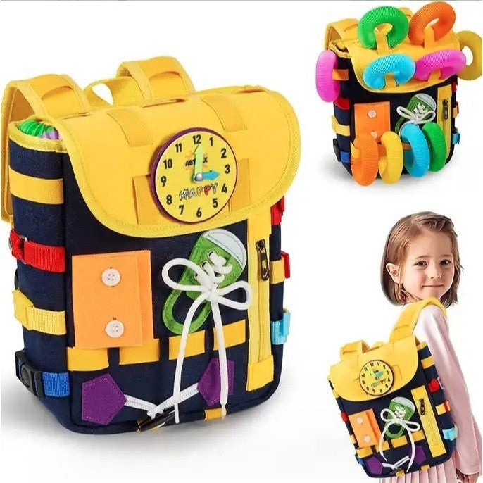 Ghiozdan Montessori, Flippy, pentru Copii 2-6 ani, Fidget Pop, cu Catarame si Fermoare, Jucarii Senzoriale, Activitate de Invatare prin Joc, Albastru Marin, 0.25 kg, 28x10x23 cm-5