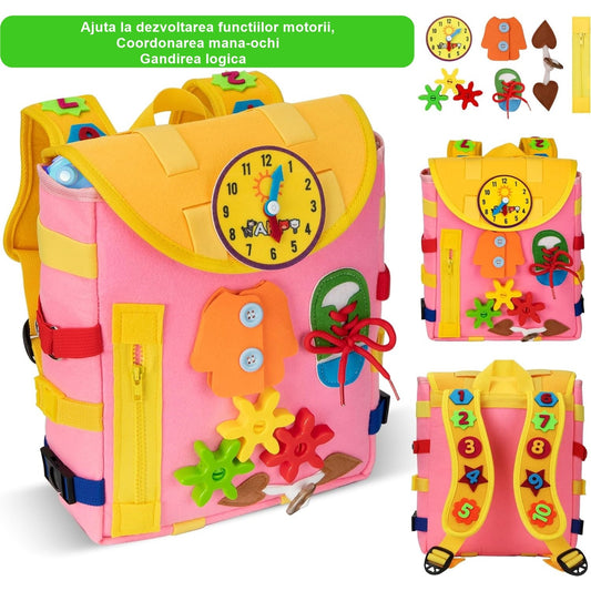 Ghiozdan Montessori, Flippy, pentru Copii 2-6 ani, Fidget Pop, cu Catarame si Fermoare, Jucarii Senzoriale, Activitate de Invatare prin Joc, Roz, 0.25 kg, 28x10x23 cm-1