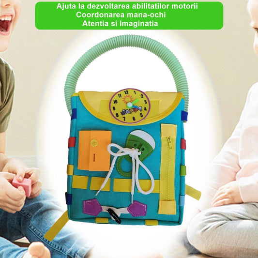 Ghiozdan Montessori, Flippy, pentru Copii 2-6 ani, Fidget Pop, cu Catarame si Fermoare, Jucarii Senzoriale, Activitate de Invatare prin Joc, Turcoaz, 0.25 kg, 28x10x23 cm-1