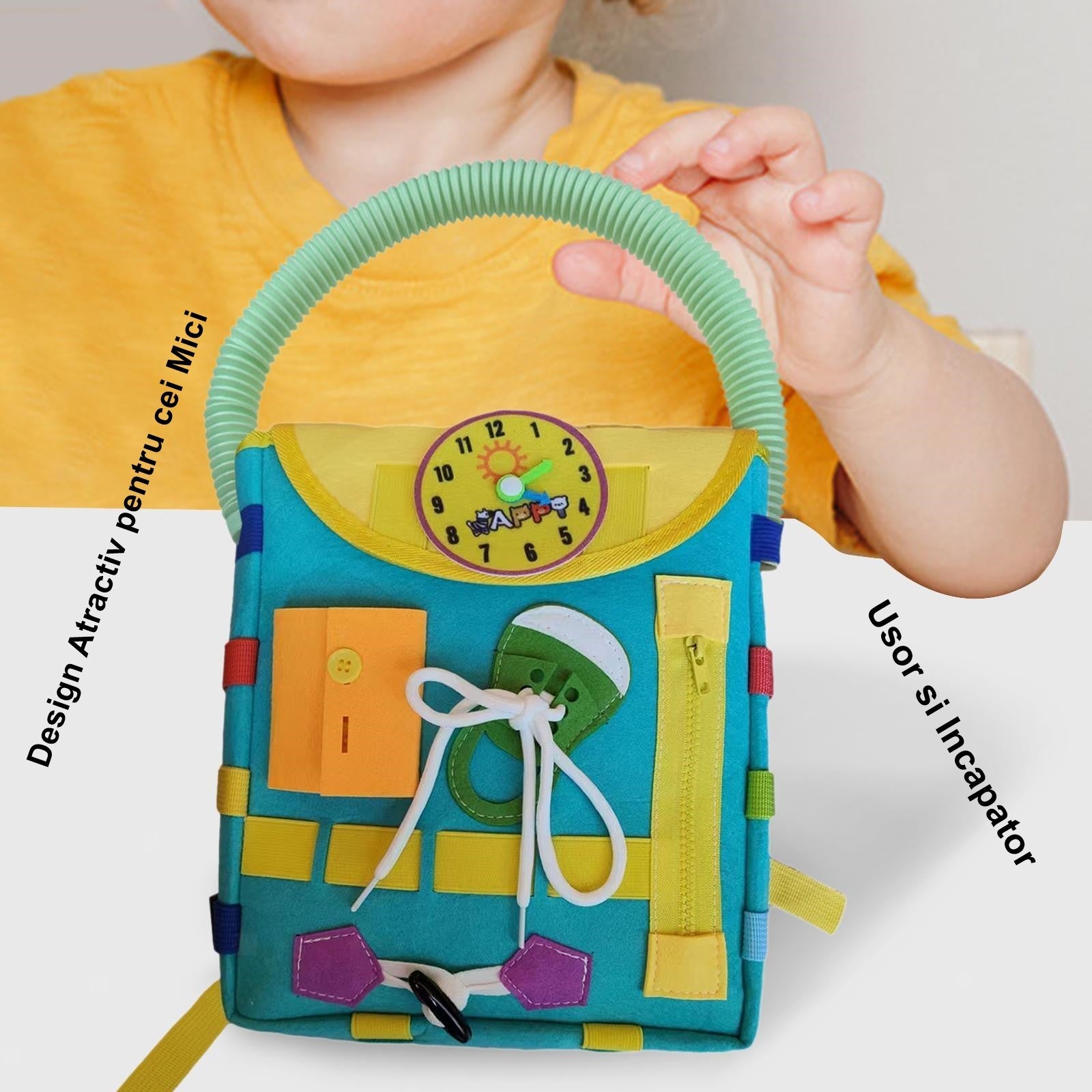 Ghiozdan Montessori, Flippy, pentru Copii 2-6 ani, Fidget Pop, cu Catarame si Fermoare, Jucarii Senzoriale, Activitate de Invatare prin Joc, Turcoaz, 0.25 kg, 28x10x23 cm-2