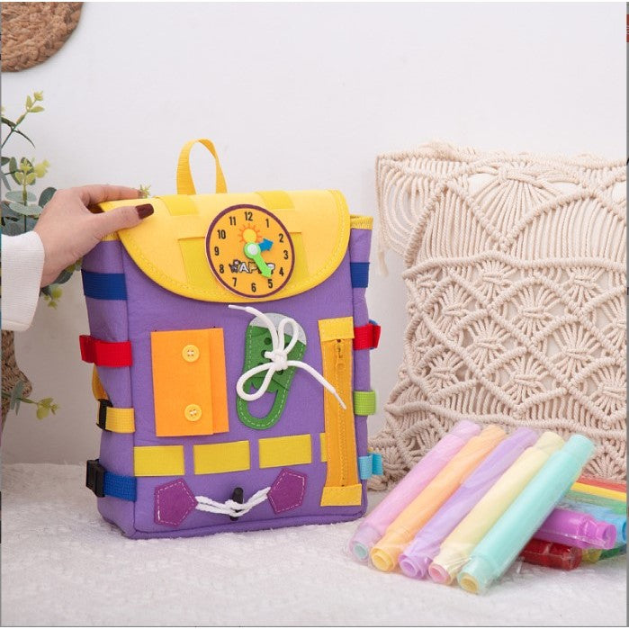 Ghiozdan Montessori, Flippy, pentru Copii 2-6 ani, Fidget Pop, cu Catarame si Fermoare, Jucarii Senzoriale, Activitate de Invatare prin Joc, Mov, 0.25 kg, 28x10x23 cm-4
