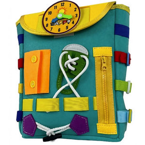 Ghiozdan Montessori, Flippy, pentru Copii 2-6 ani, Fidget Pop, cu Catarame si Fermoare, Jucarii Senzoriale, Activitate de Invatare prin Joc, Turcoaz, 0.25 kg, 28x10x23 cm-0