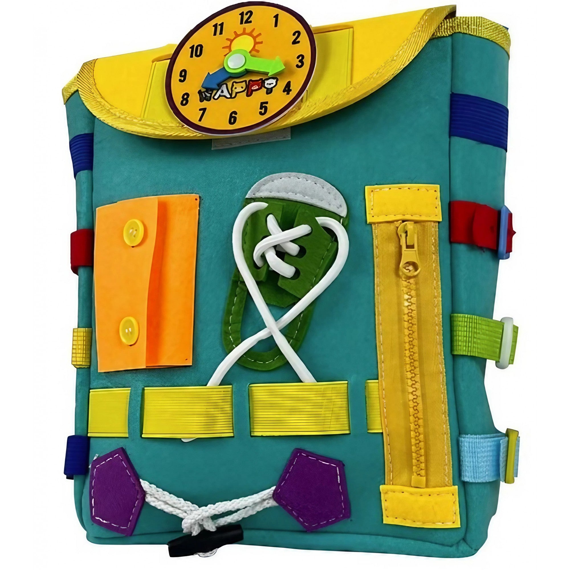 Ghiozdan Montessori, Flippy, pentru Copii 2-6 ani, Fidget Pop, cu Catarame si Fermoare, Jucarii Senzoriale, Activitate de Invatare prin Joc, Turcoaz, 0.25 kg, 28x10x23 cm-0