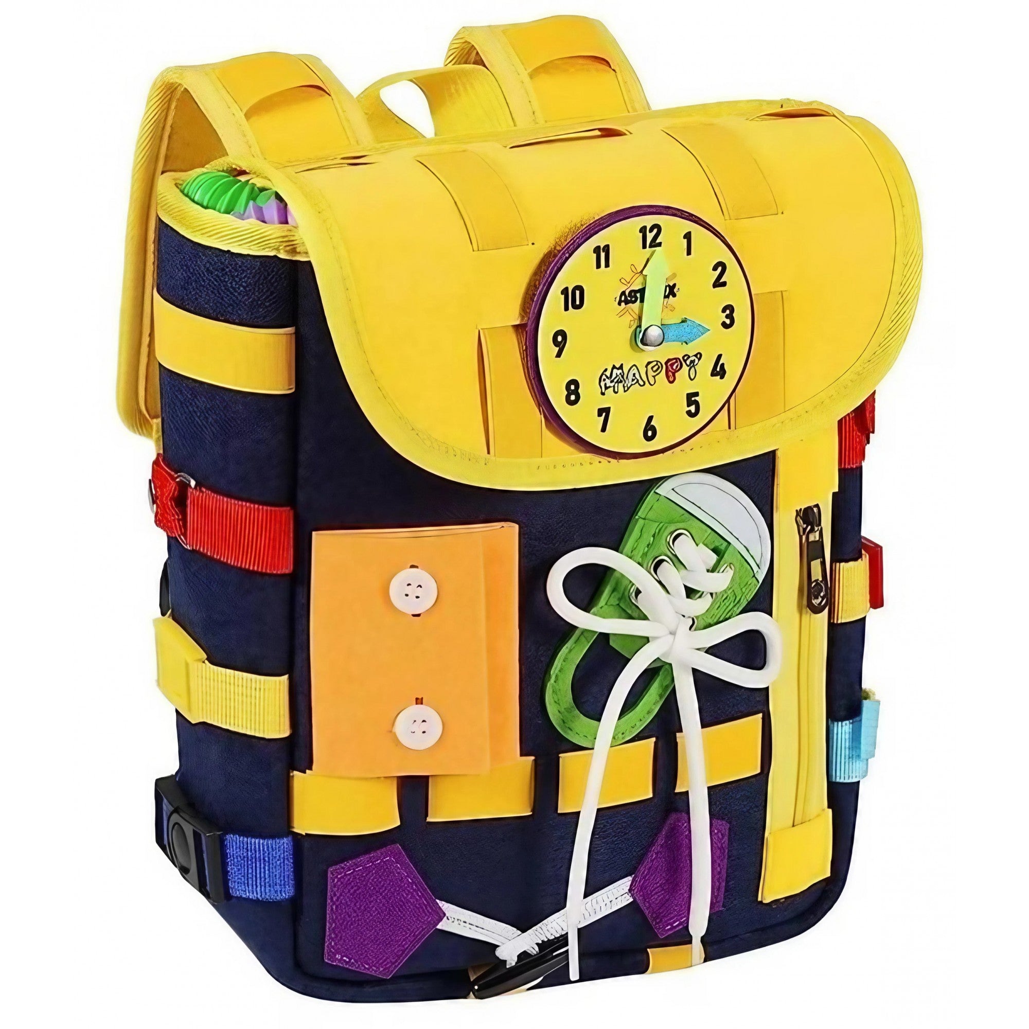 Ghiozdan Montessori, Flippy, pentru Copii 2-6 ani, Fidget Pop, cu Catarame si Fermoare, Jucarii Senzoriale, Activitate de Invatare prin Joc, Albastru Marin, 0.25 kg, 28x10x23 cm-0