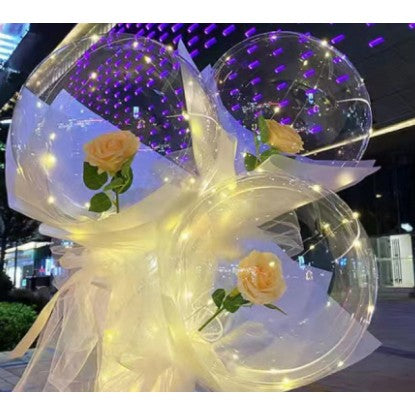 Buchet Decorativ, Flippy, Trandafir in Balon cu Lumini Led, Diametru 35 cm, 2 x Baterii AA (neincluse), Sampanie-1