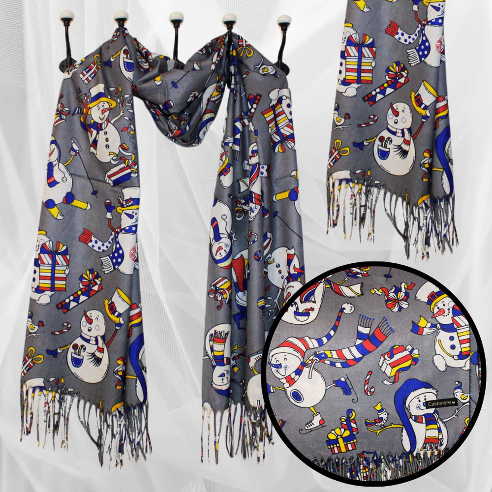 Esarfa Casmir de Crăciun cu Model Oameni de Zăpadă - Gri