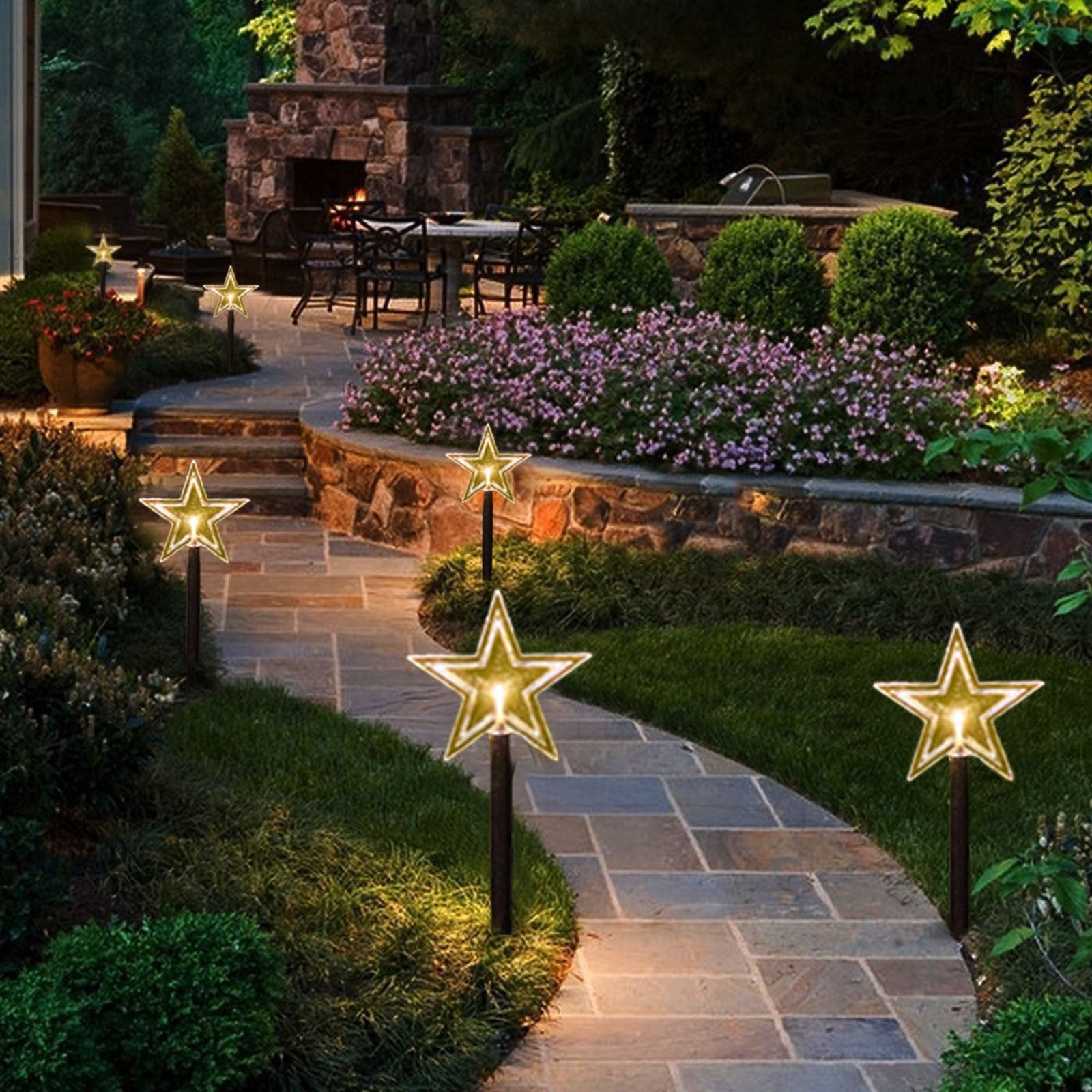 Set 5 Lampi solare LED de exterior Model Stea, pentru gradina, Flippy, 35.5 cm, Alb Cald-4