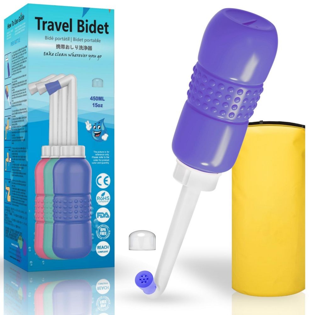 Bideu Portabil, Flippy, pentru Postpartum/ Postoperator, 450 mL, cu Capac si Husa Galbena, Culoare Recipient Mov-0