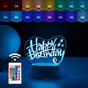 Lampa LED decorativa, Flippy, 3D, Happy Birthday, cu USB si baterii, 20 cm inaltime, din material acril, lumina multicolora si telecomanda inclusa, alb-0