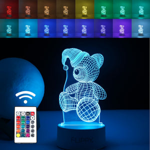 Lampa LED decorativa, Flippy, 3D, Urs cu palarie, cu telecomanda, doua moduri de alimentare USB si baterii, 20 cm inaltime, din material acril si lumina multicolora, alb-0