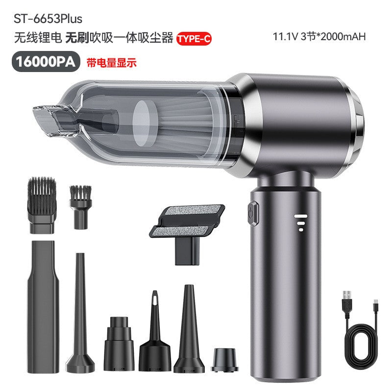 Aspirator Portabil Auto, Flippy, pentru Casa si Masina, 3 Viteze, Incarcator Tip-C cu Incarcare Rapida, Tub Prelungitor, 2000mAh, 7 Capete de Aspirare si Suflare, 21x20x6.5 cm, Negru-0