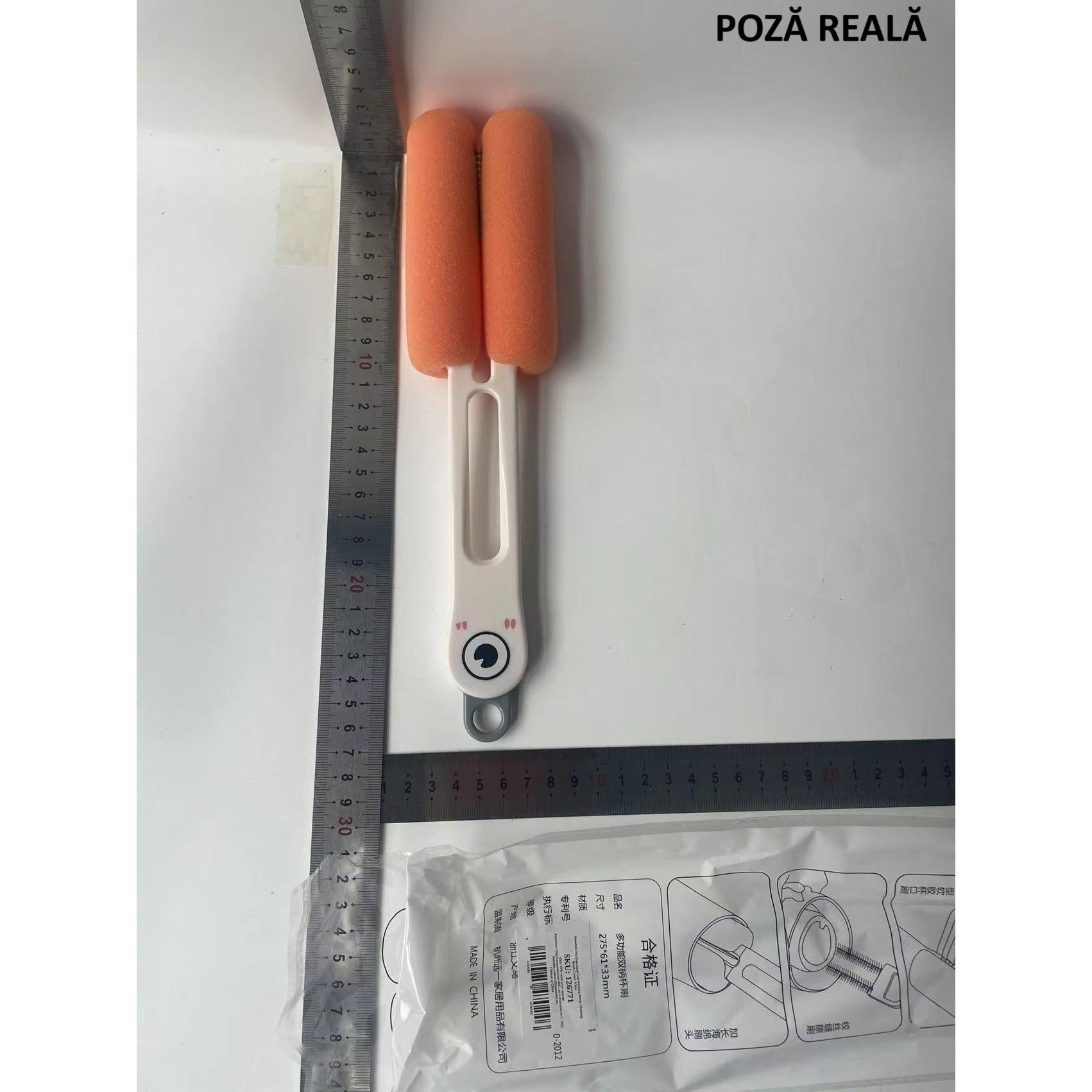 Perie de Curatat Pahare, Cani, Sticle, Flippy, cu Maner Lung si Burete, Accesorii pentru Spalarea Paielor si Capacelor, usor de Agatat, 27.5x11.4x6cm, Alb-1