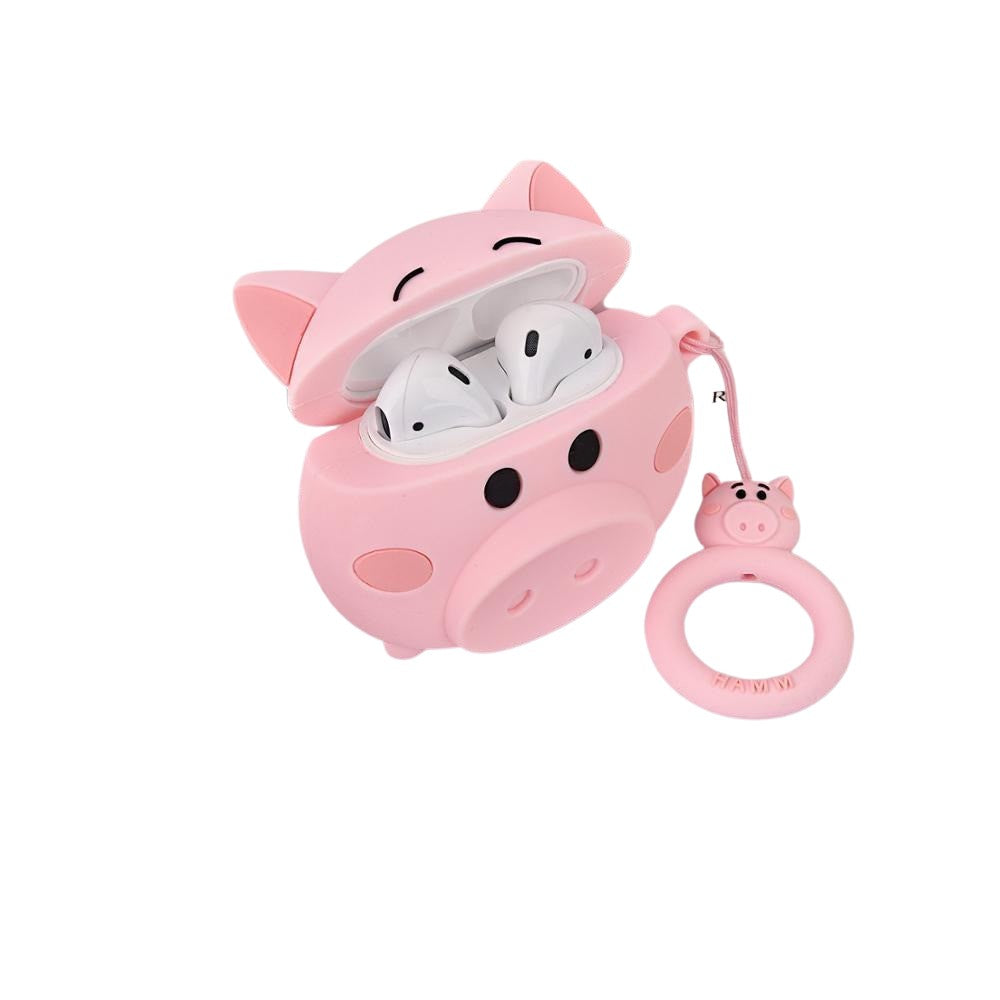 Husa AirPods cu Inel Prindere Porc Roz-1