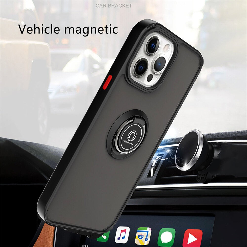 Husa Anti Fall Metal Bracket pentru Apple iPhone 13, Rezistenta la socuri, Margini colorate, Cu inel de prindere magnetic, Flippy, Negru-2