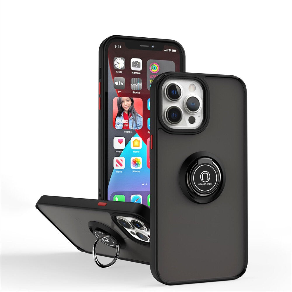 Husa Anti Fall Metal Bracket pentru Apple iPhone 14, Rezistenta la socuri, Margini colorate, Cu inel de prindere magnetic, Flippy, Negru-5