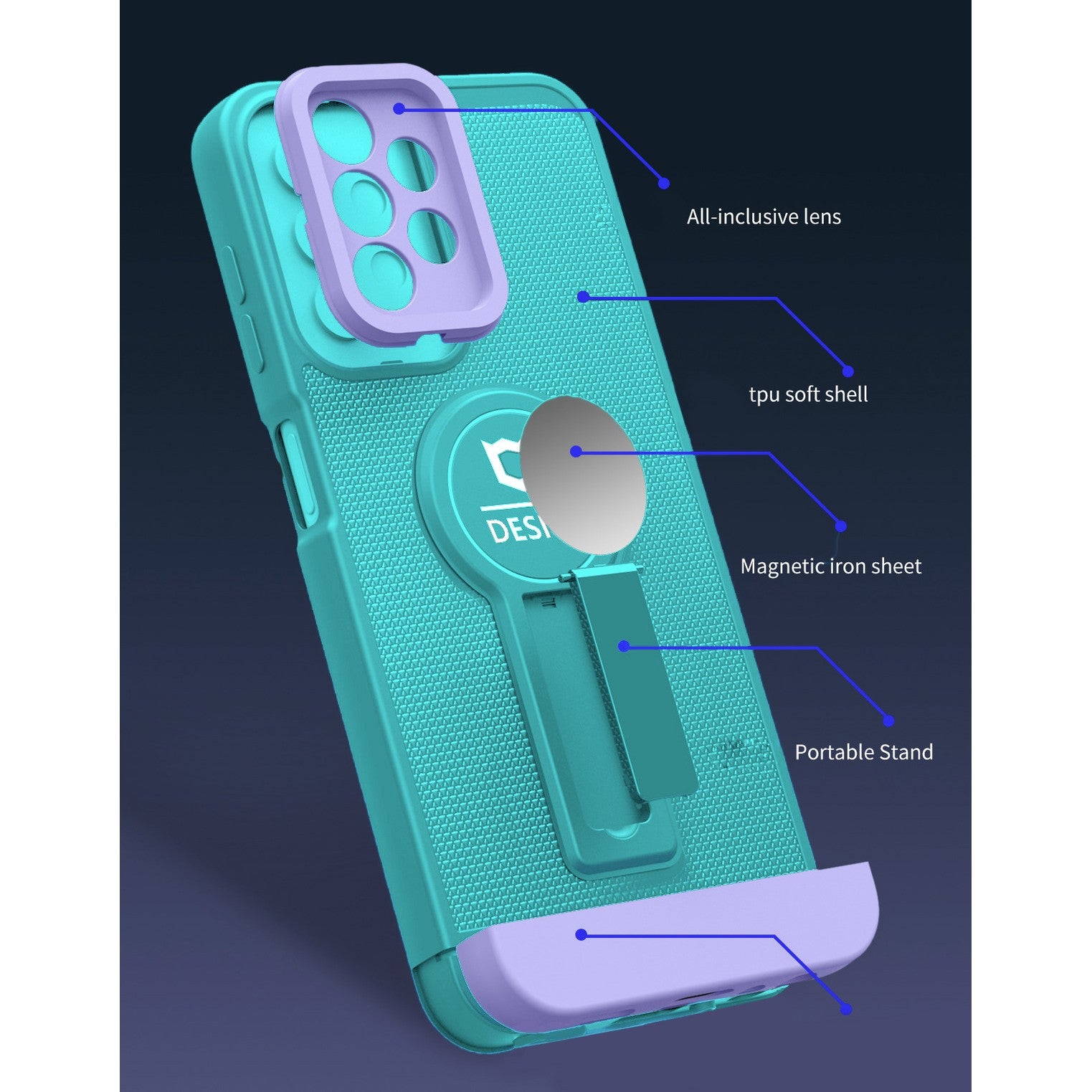 Husa Armor Design cu Stand pentru Samsung Galaxy A13 4G, Blue/Mov, Suport Auto Magnetic, Wireless Charge, Protectie Antisoc, Flippy-3