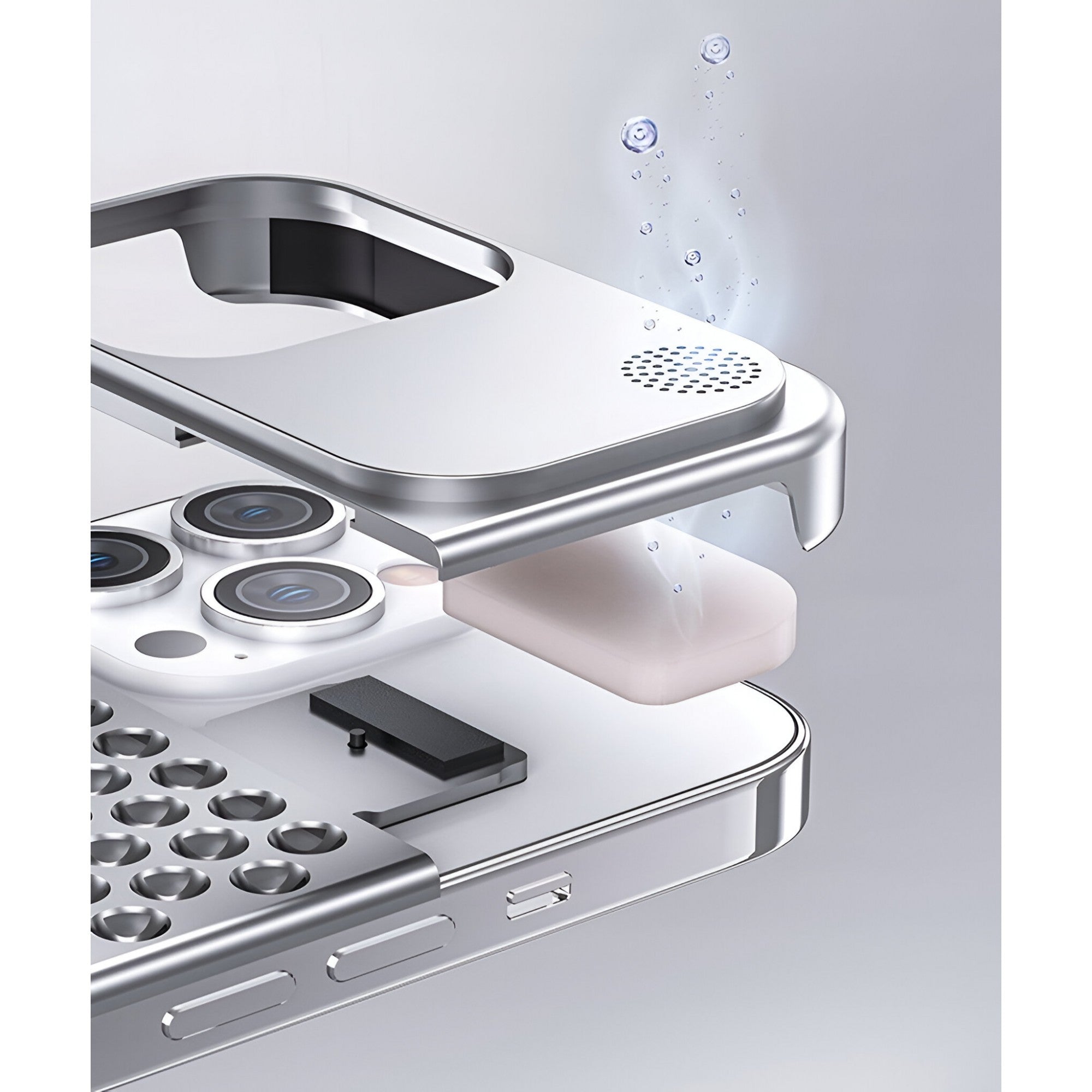 Husa Aromaterapia Compatibila cu iPhone 15 Pro, Flippy, Antisoc, Antizgariere, Protectie Camera si Supraincalzire, din Aliaj de Aluminiu, Argintiu-6