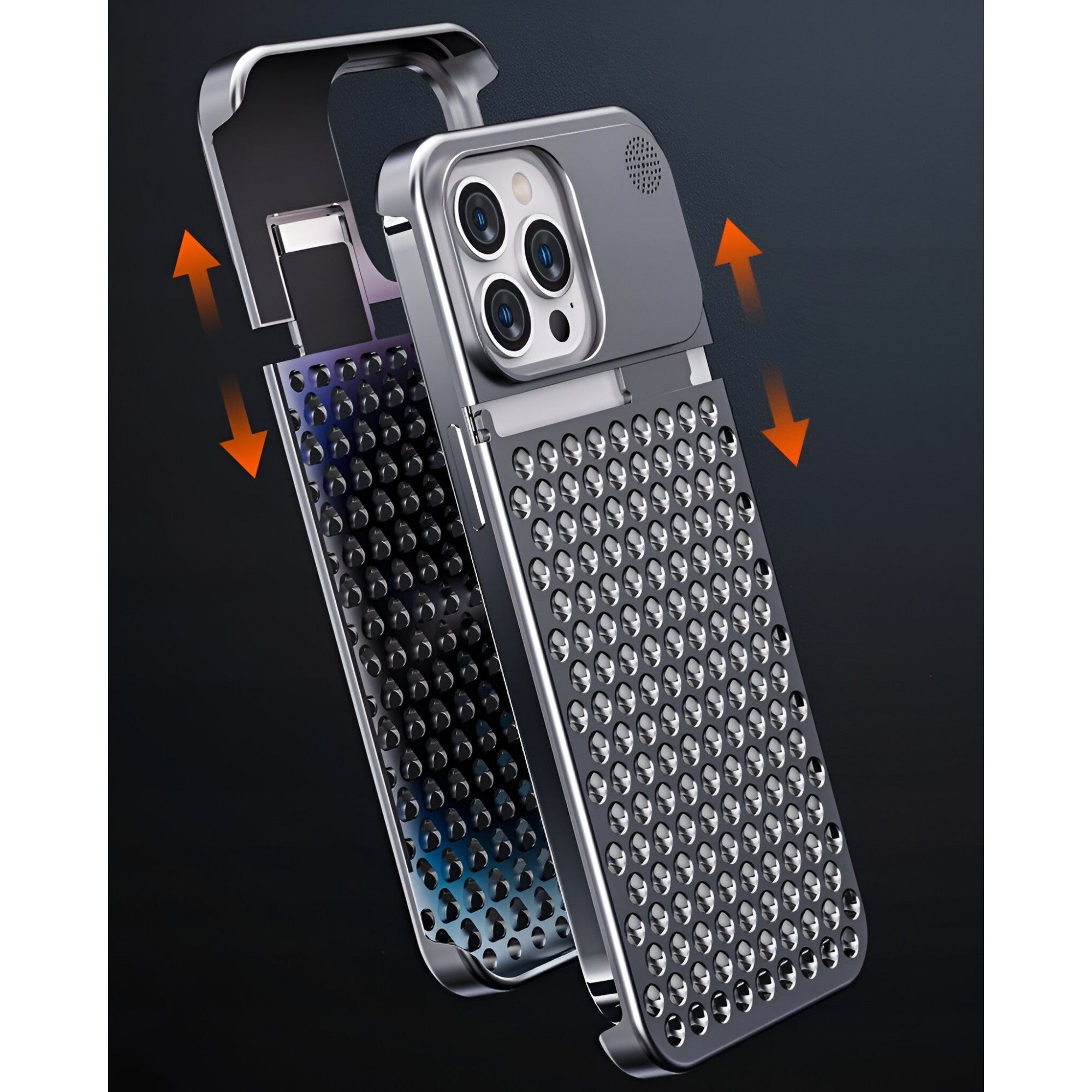 Husa Aromaterapia Compatibila cu iPhone 15 Pro, Flippy, Antisoc, Antizgariere, Protectie Camera si Supraincalzire, din Aliaj de Aluminiu, Gri-2