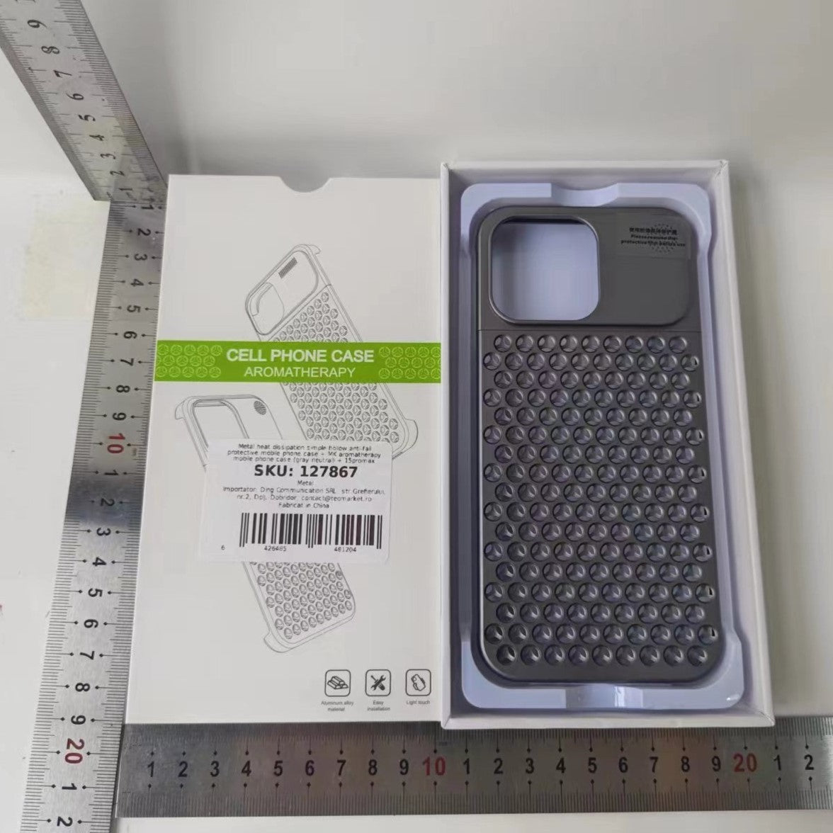 Husa Aromaterapia Compatibila cu iPhone 15 Pro, Flippy, Antisoc, Antizgariere, Protectie Camera si Supraincalzire, din Aliaj de Aluminiu, Gri-8