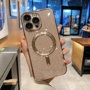 Husa de Protectie 2 in 1, Flippy, pentru iPhone 15, Glitter Chrome Magsafe, din TPU, Magnetica, cu Protectie Lentila, Auriu-0
