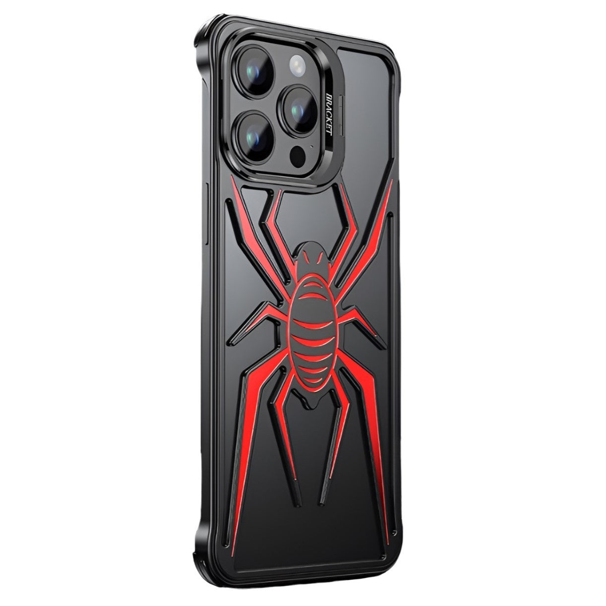 Husa de Protectie Compatibila iPhone 15 Pro, cu Suport Metalic pentru Camera, Armor Protective Series, Flippy, Antisoc, Protectie de Metal pe Margini, Model Paianjen, Negru Rosu-0