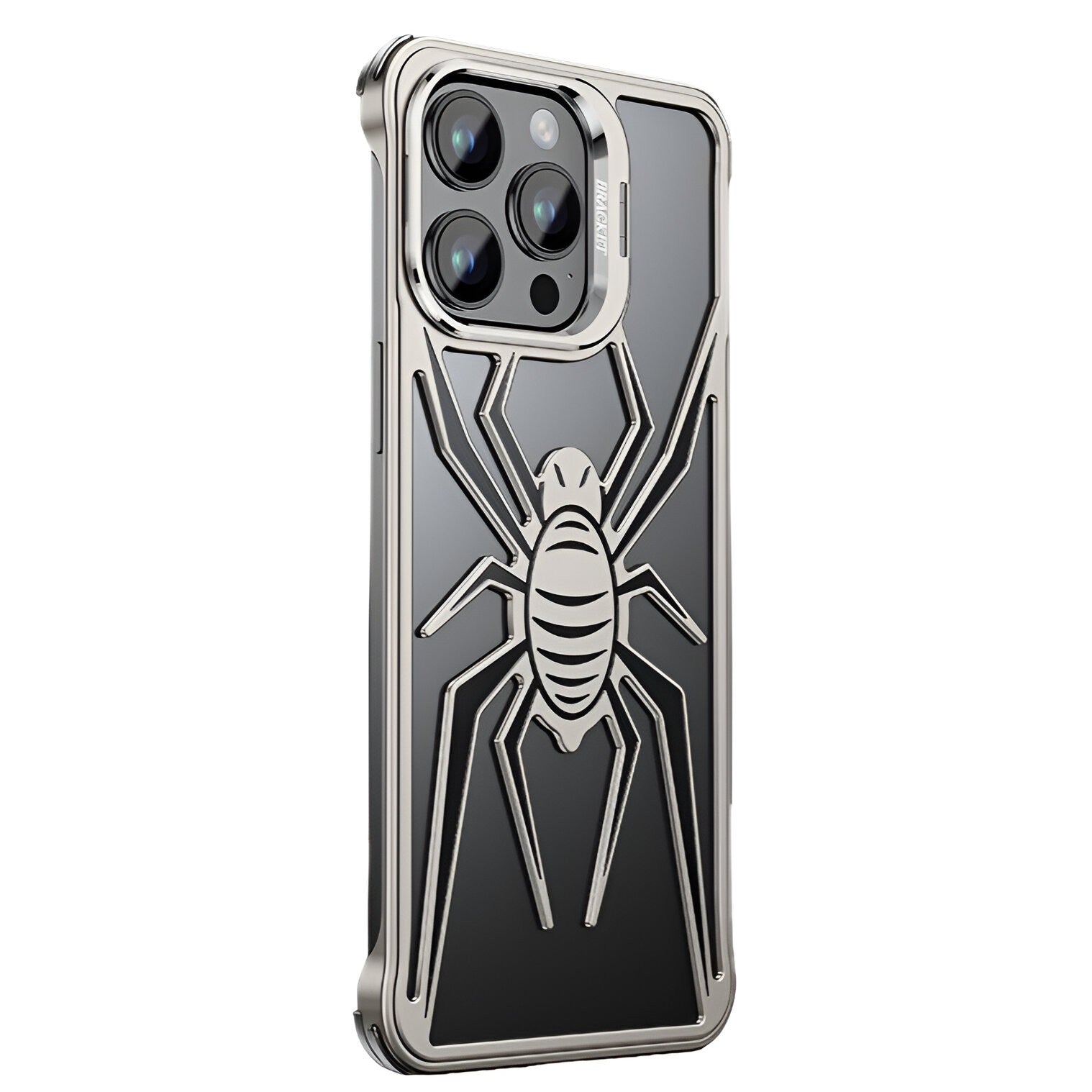 Husa de Protectie Compatibila iPhone 15 Pro Max, cu Suport Metalic pentru Camera, Armor Protective Series, Flippy, Antisoc, Protectie de Metal pe Margini, Model Paianjen, Negru Gri-0