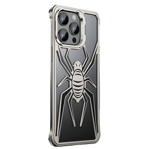 Husa de Protectie Compatibila iPhone 15 Pro Max, cu Suport Metalic pentru Camera, Armor Protective Series, Flippy, Antisoc, Protectie de Metal pe Margini, Model Paianjen, Negru Gri-0